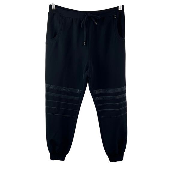 Twin-Set T.S.J. Black Sweatpants Leather Striped Jogger Ribbed Cuff Sz M Medium - Picture 1 of 7